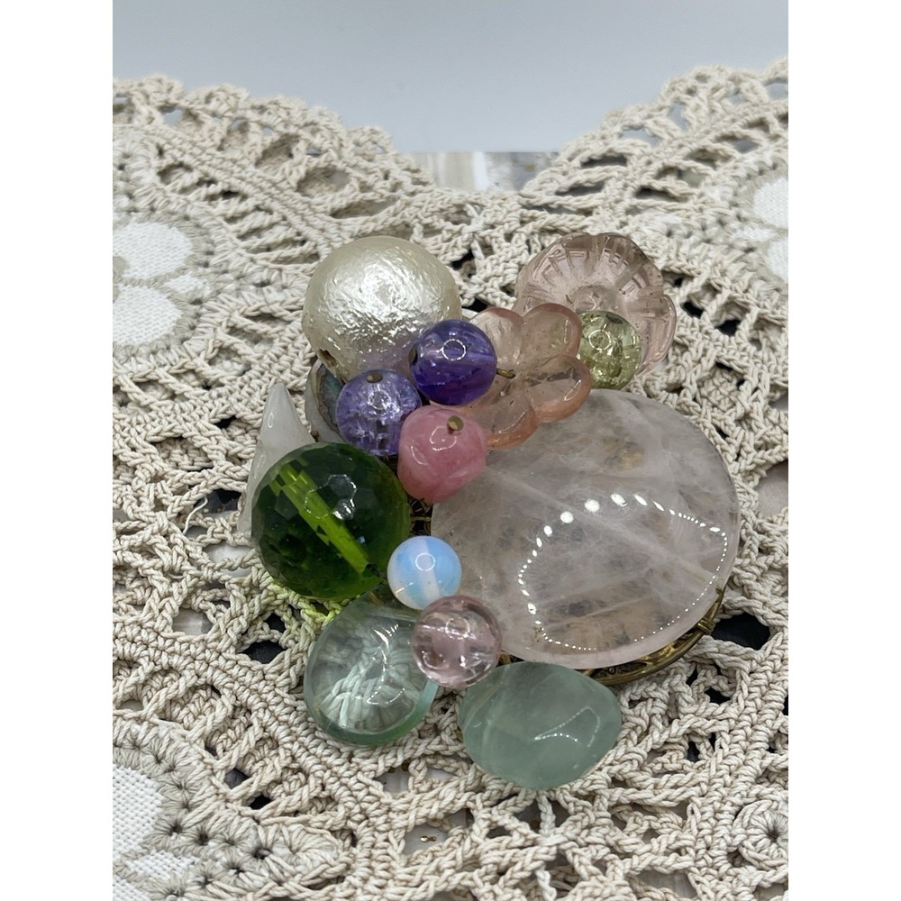 Rare Vintage JOHN REUBENS Gemstone & Art Glass Wired Beaded Gold Tone Brooch
